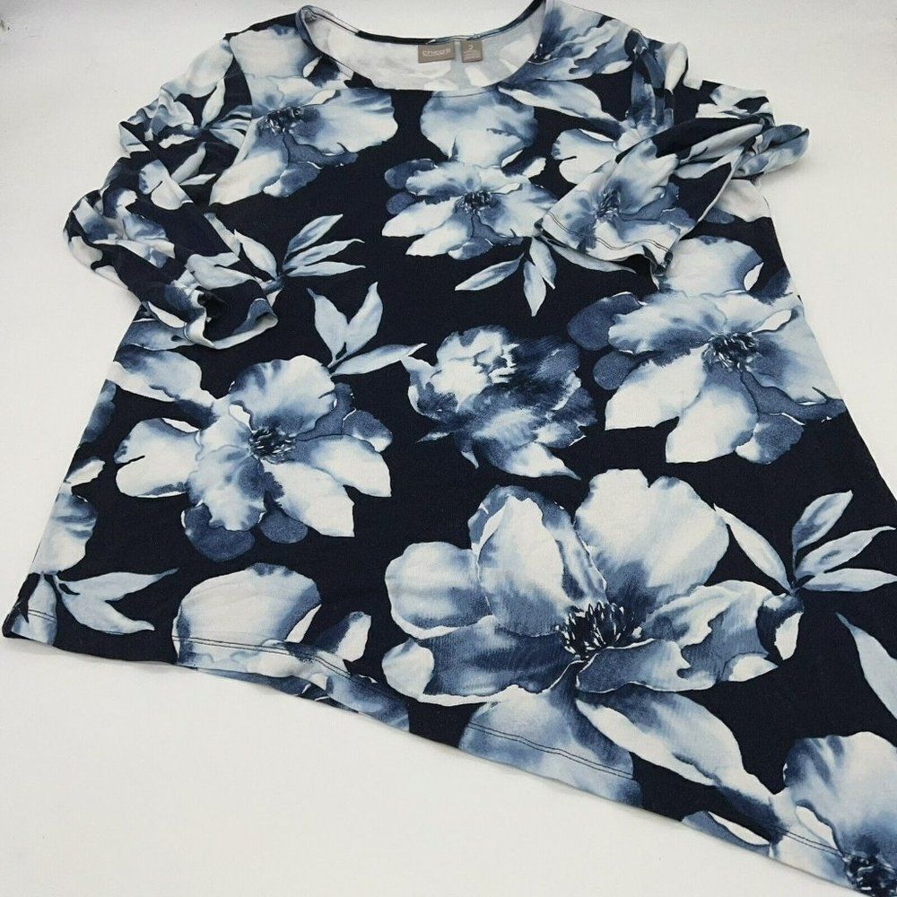 Chicos Women Tunic Top 2/L Blue Floral Long Sleeve Asymmetric Knit Rayon Spandex